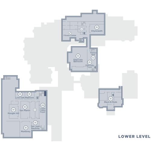 A multi-level architectural floor plan with labeled rooms and a &ldquo;LOWER LEVEL&rdquo; label, showing rooms connected by hallways and stairs.